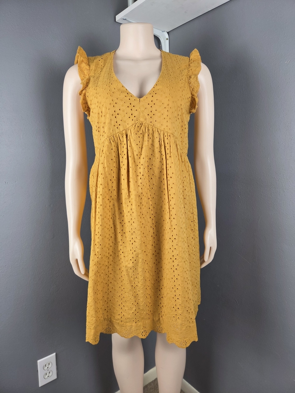 Mustard Eyelet V-Neck Flutter Sleeve Dress